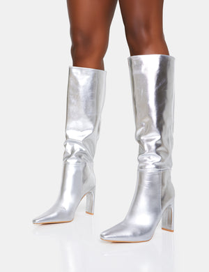 Undone Silver Pu Knee High Zip Up Pointed Toe Thin Block Heeled Boots