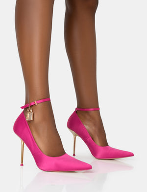 Lotty Hot Pink Satin Padlock Ankle Detail Pointed Court Stiletto Heels