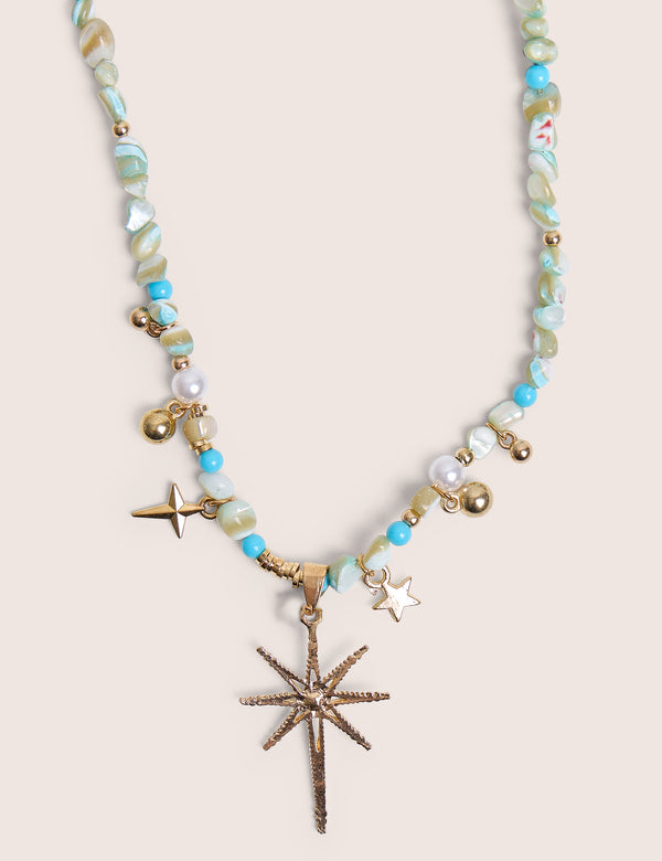 Blue Beaded Star Embellished Necklace