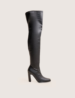 Acquaria Black Pu Over the Knee Flared Heel Boots