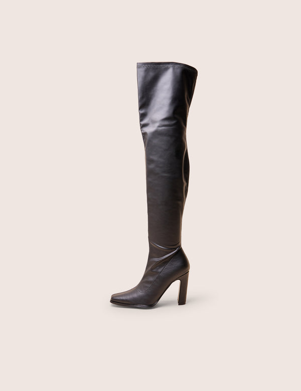 Acquaria Black Pu Over the Knee Flared Heel Boots