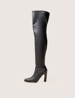 Acquaria Black Pu Over the Knee Flared Heel Boots