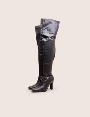 Acquaria Black Pu Over the Knee Flared Heel Boots
