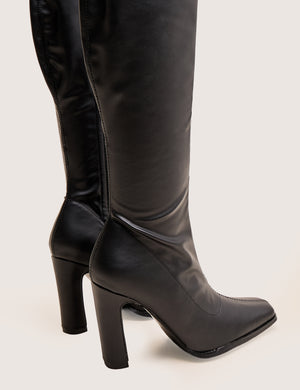Acquaria Black Pu Over the Knee Flared Heel Boots