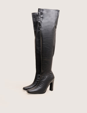Acquaria Black Pu Over the Knee Flared Heel Boots