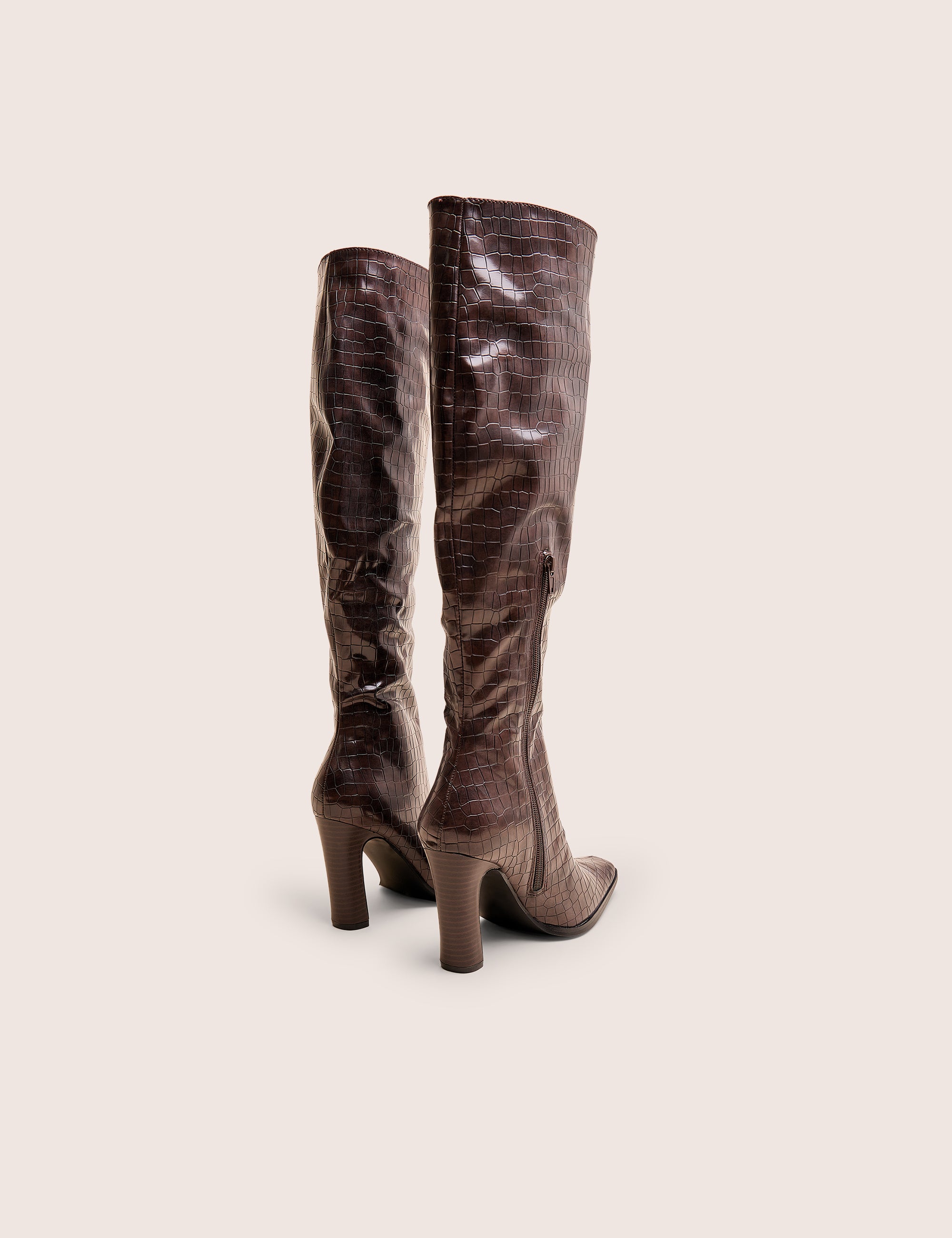 Acquilla Brown Croc Knee High Flared Heel Boots Public Desire