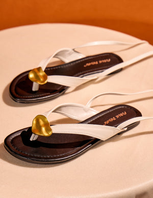 Aelia Cream Pu Gold Lace Up Trim Toe Post Flip Flop Sandal