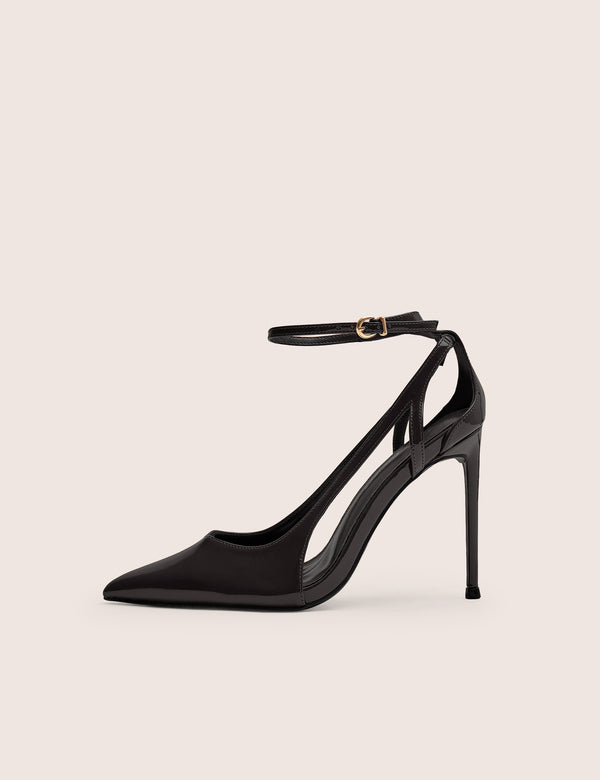 Allegedly Black Patent Cut Out Detail Ankle Strap Court Shoes