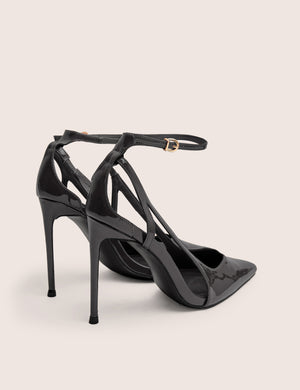 Allegedly Black Patent Cut Out Detail Ankle Strap Court Shoes