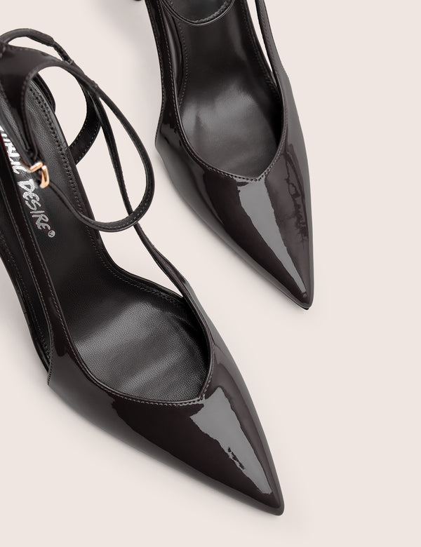 Allegedly Black Patent Cut Out Detail Ankle Strap Court Shoes