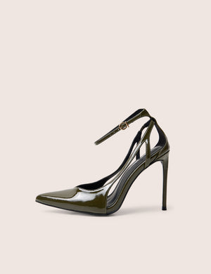 Allegedly Khaki Patent Cut Out Detail Ankle Strap Court Shoes
