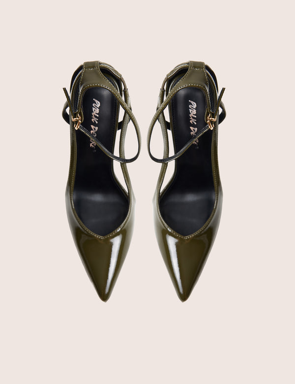 Allegedly Khaki Patent Cut Out Detail Ankle Strap Court Shoes