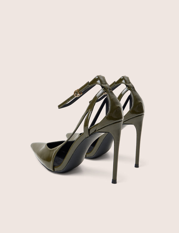 Allegedly Khaki Patent Cut Out Detail Ankle Strap Court Shoes