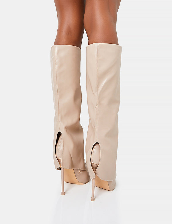 All Yours Nude Pu Fold Over Pointed Toe Stiletto Knee High Boots