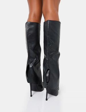 All Yours Black Pu Fold Over Pointed Toe Stiletto Knee High Boots