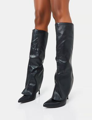 All Yours Black Pu Fold Over Pointed Toe Stiletto Knee High Boots