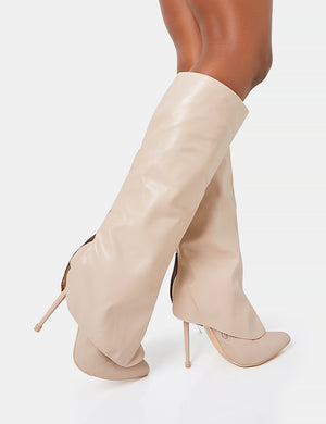 All Yours Nude Pu Fold Over Pointed Toe Stiletto Knee High Boots