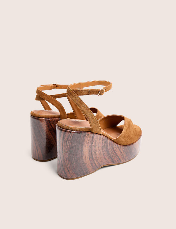 Aluna Tan Faux Suede Wooden Wedge Heels