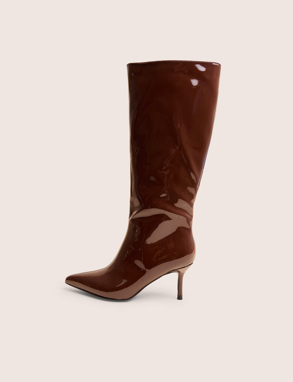 Amped Chocolate Patent Pointed Toe Mid Heel Knee High Boots