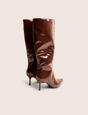 Amped Chocolate Patent Pointed Toe Mid Heel Knee High Boots