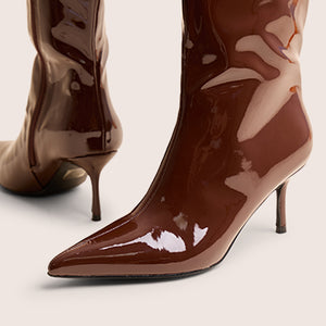 Amped Chocolate Patent Pointed Toe Mid Heel Knee High Boots