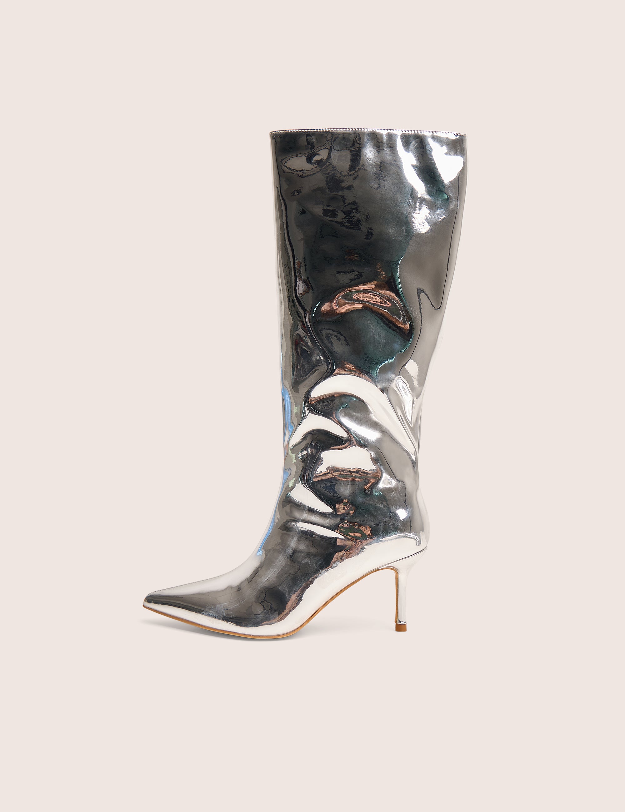 Amped Mirror Silver Pointed Toe Mid Heel Knee High Boots Public