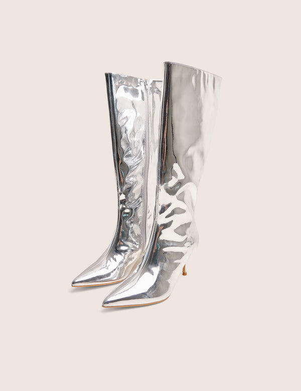 Amped Mirror Silver Pointed Toe Mid Heel Knee High Boots