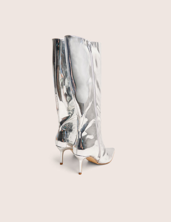 Amped Mirror Silver Pointed Toe Mid Heel Knee High Boots