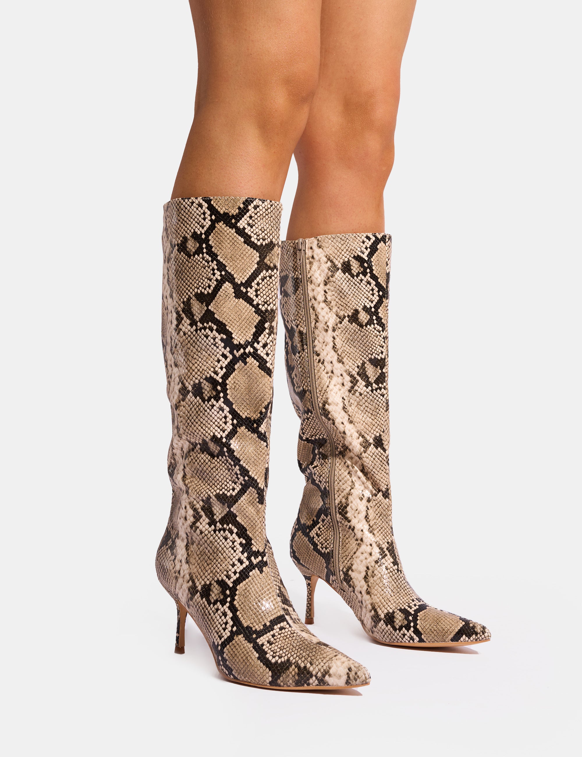 Heels Snake Skin Knee High Boots Amped Snake Pointed Toe Mid Heel