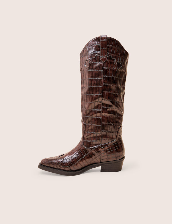 Apollo Brown Croc Flat Western Knee High Boots