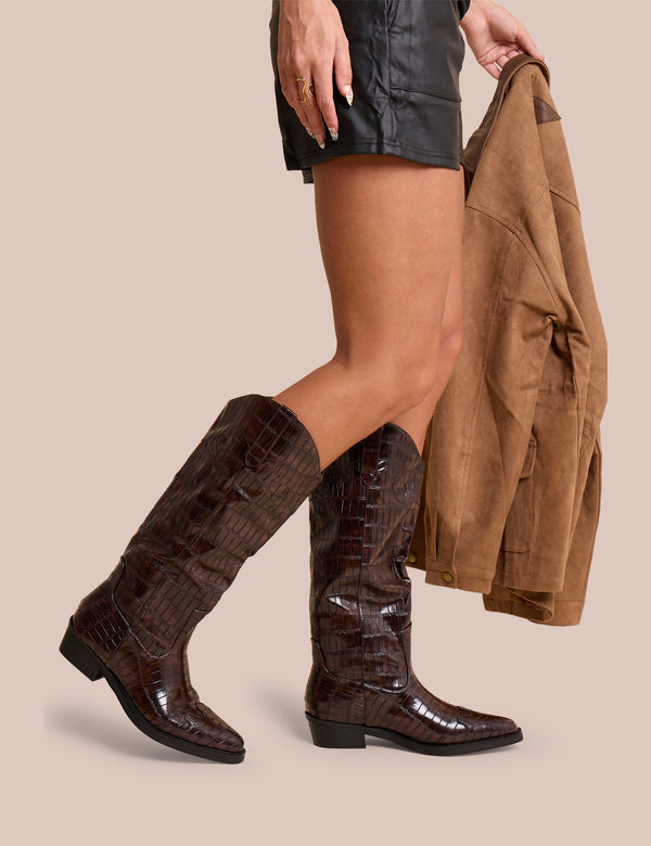 Apollo Brown Croc Flat Western Knee High Boots