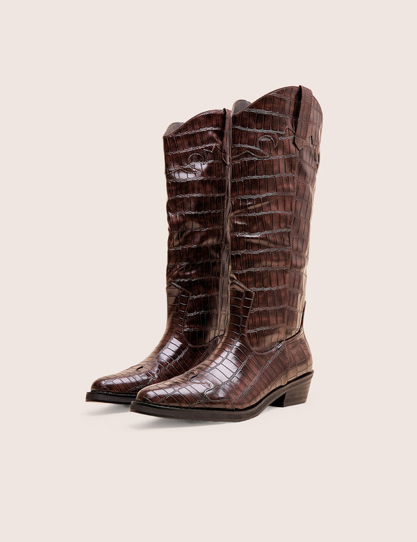 Apollo Brown Croc Flat Western Knee High Boots