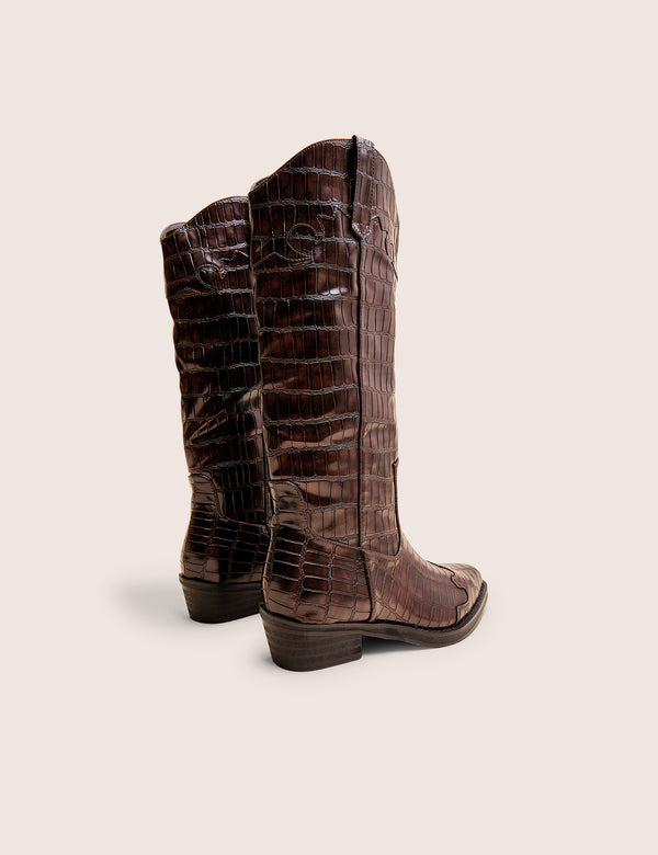 Apollo Brown Croc Flat Western Knee High Boots