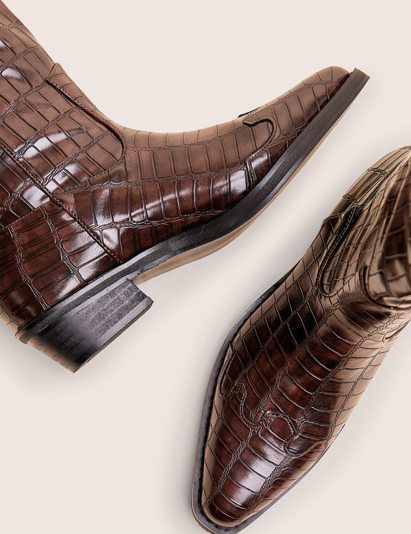 Apollo Brown Croc Flat Western Knee High Boots