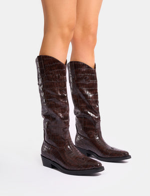 Apollo Brown Croc Flat Western Knee High Boots Public Desire