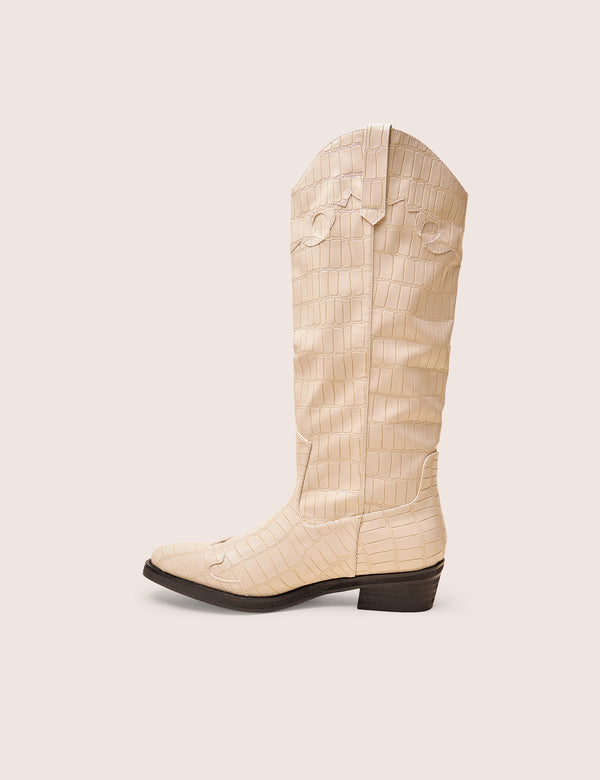 Apollo Cream Stitch Flat Western Knee High Boots