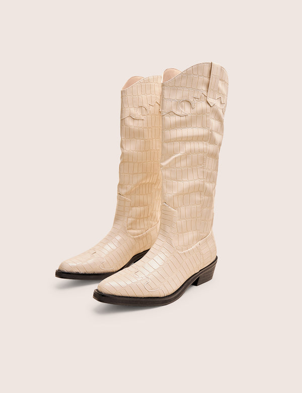 Apollo Cream Stitch Flat Western Knee High Boots