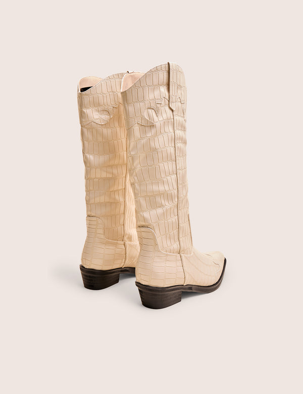 Apollo Cream Stitch Flat Western Knee High Boots