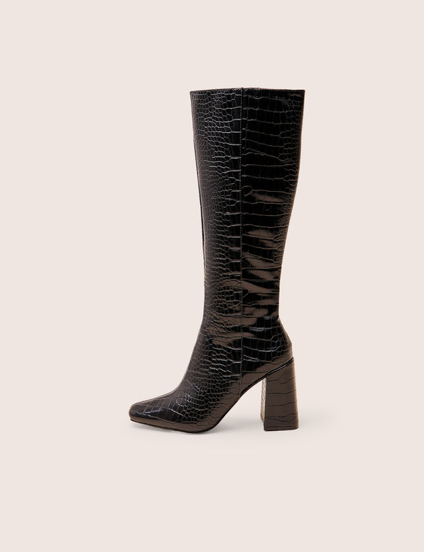 Apology Black Patent Croc Knee High Block Heel Boots