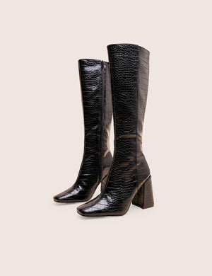 Apology Black Patent Croc Knee High Block Heel Boots