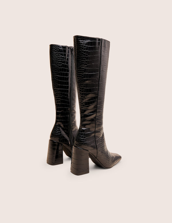 Apology Black Patent Croc Knee High Block Heel Boots