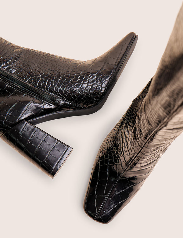 Apology Black Patent Croc Knee High Block Heel Boots