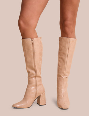 Apology Nude Patent Croc Knee High Block Heel Boots