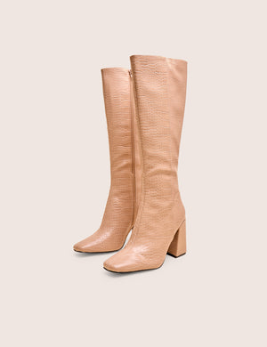 Apology Nude Patent Croc Knee High Block Heel Boots