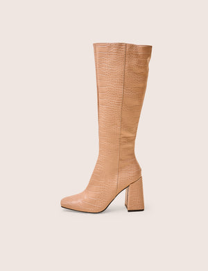 Apology Nude Patent Croc Knee High Block Heel Boots