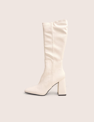 Apology White Pu Knee High Block Heel Boots