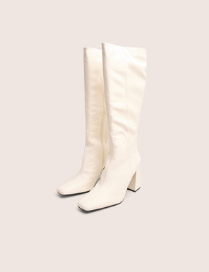 Apology White Pu Knee High Block Heel Boots