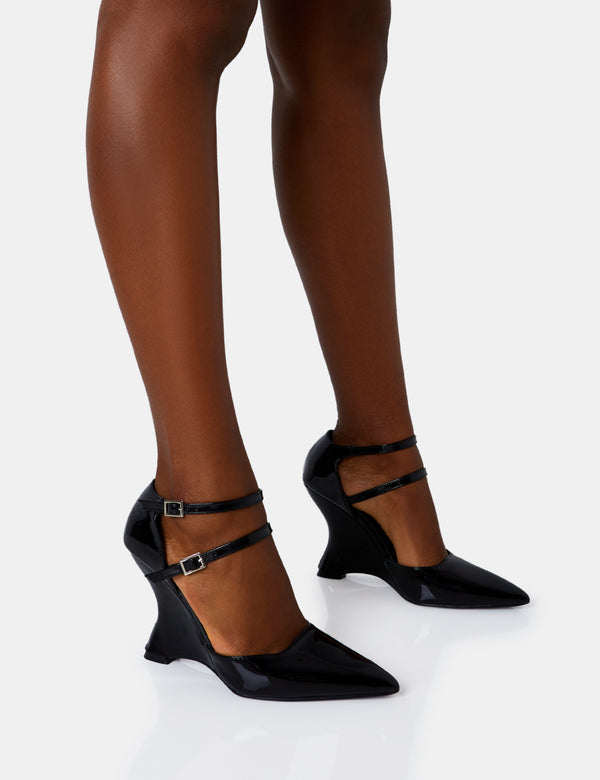Aspiration Black Patent Strappy Pointed Platform Cut Out Wedge Heels