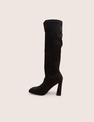 Audrina Black Suede Block Heel Knee High Sock Boots