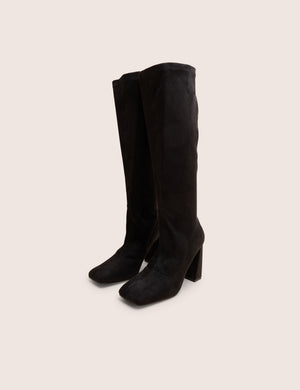 Audrina Black Suede Block Heel Knee High Sock Boots